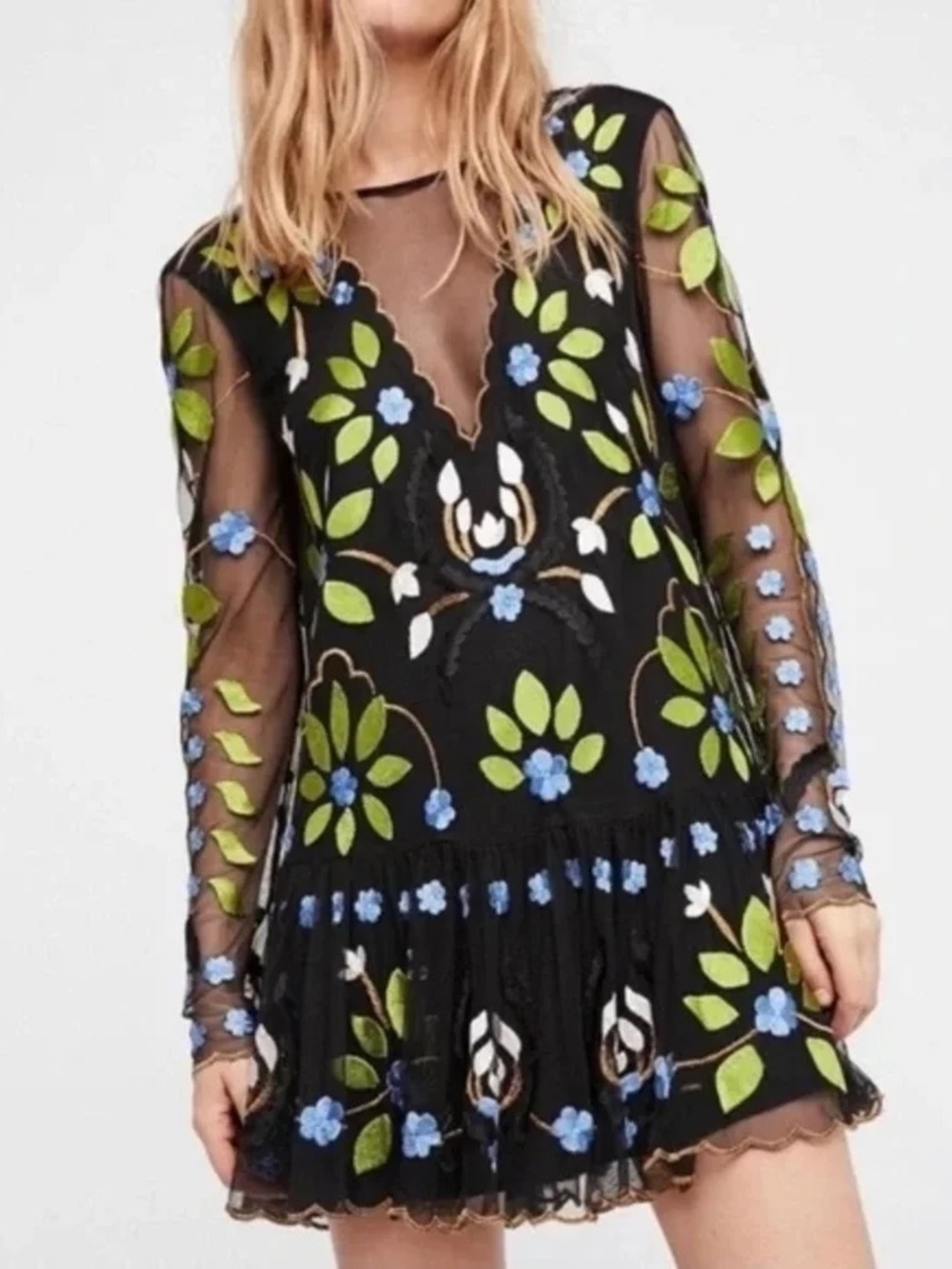 Free People Black Mesh Long Sleeve Floral Mini Dress